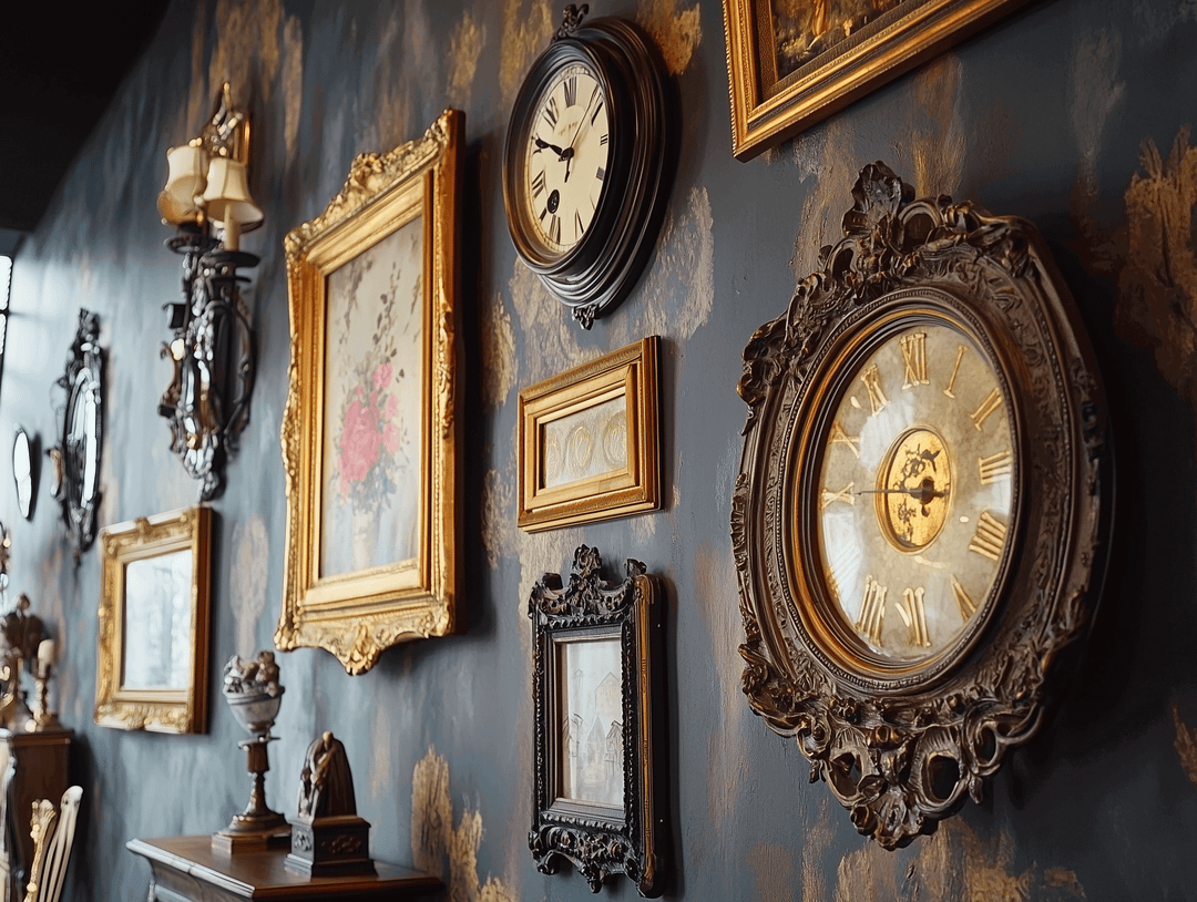 Vintage wall decor featuring ornate frames and antique clocks on a richly colored wall.