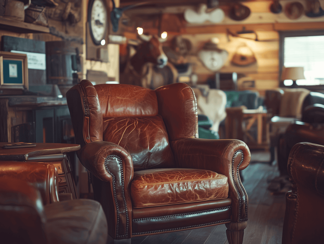 Cozy leather armchair in a rustic Western-style living room with wooden decor elements.