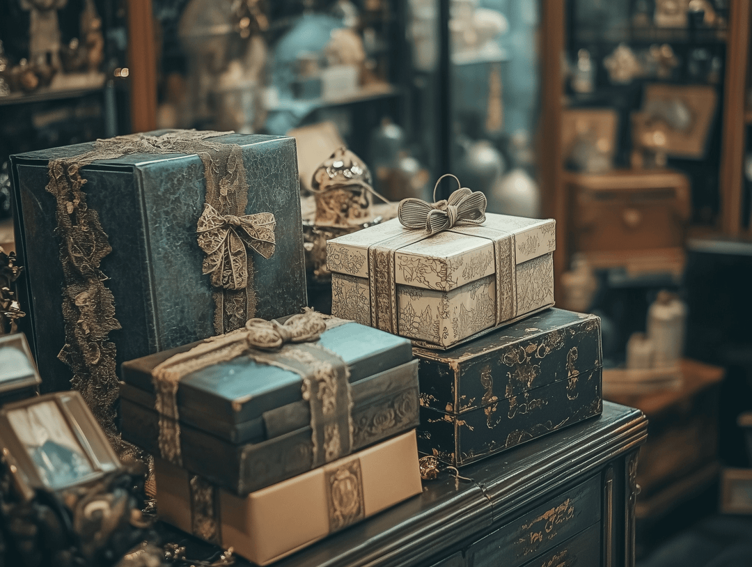 Pile of wrapped vintage and antique gifts in a store