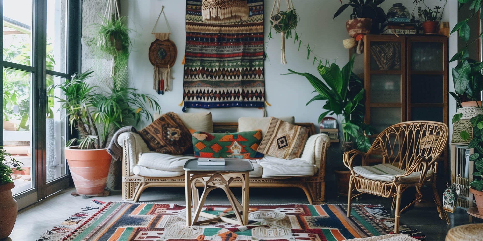 Cozy boho living room with eclectic decor, plants, and vintage textiles, featuring a rattan chair and patterned rug.