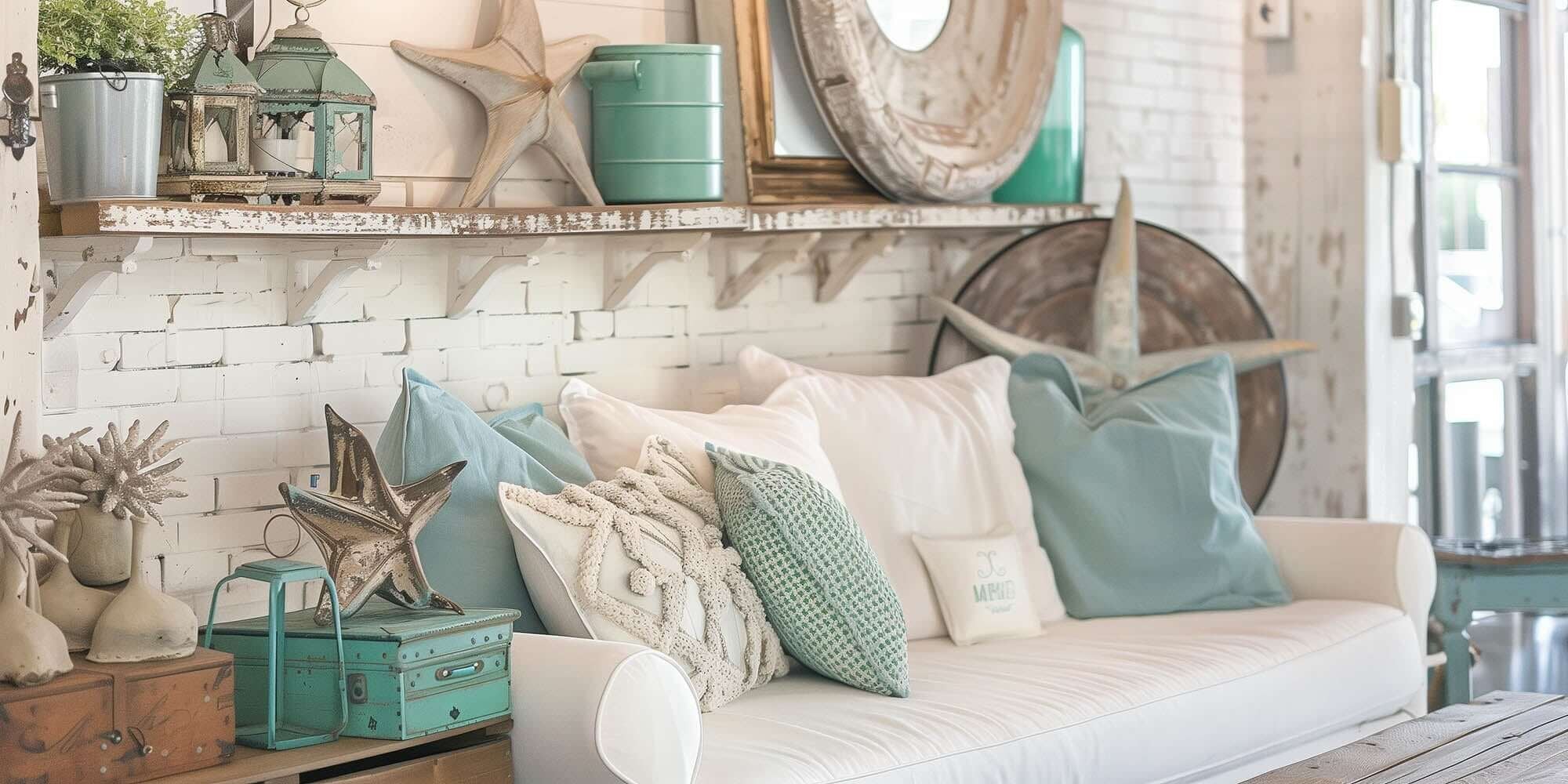 Cozy coastal living room with white sofa, blue pillows, nautical decor, and natural elements like wood and metal accents.