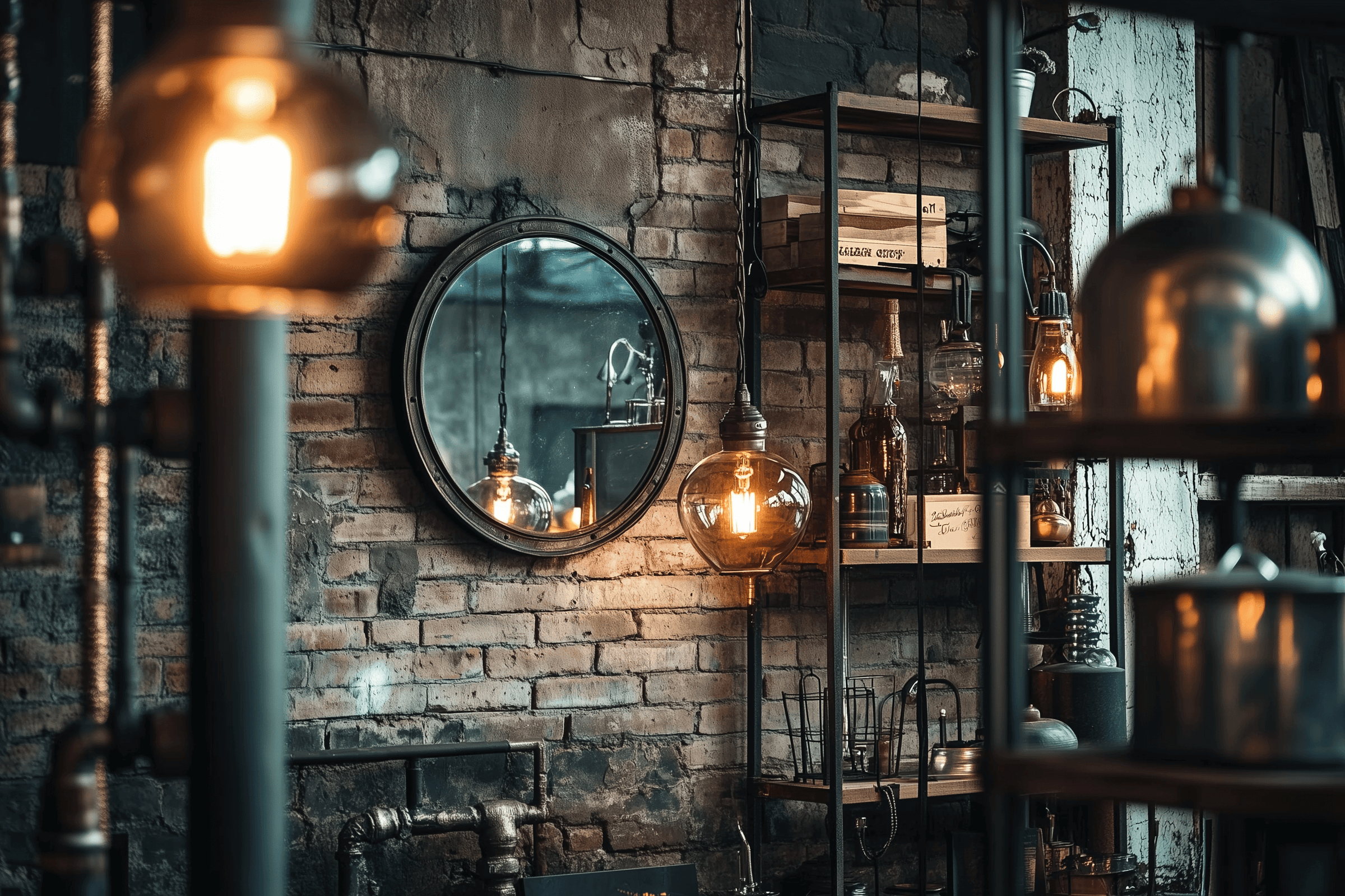 Industrial decor featuring a rustic brick wall, metal light fixtures, and a round mirror in an urban setting.