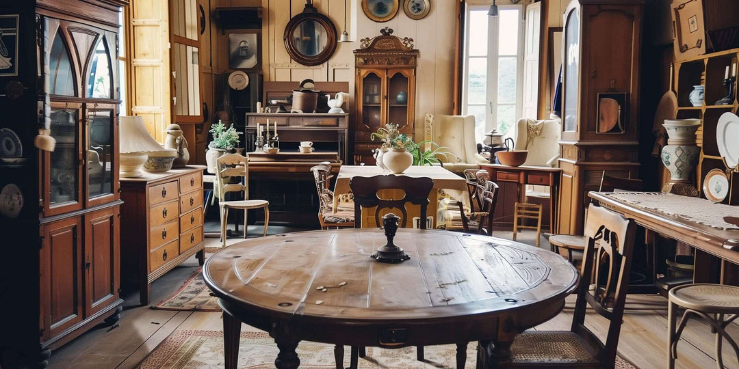 Vintage storage and organization furniture in a charming home setting, featuring eclectic pieces and a warm atmosphere.