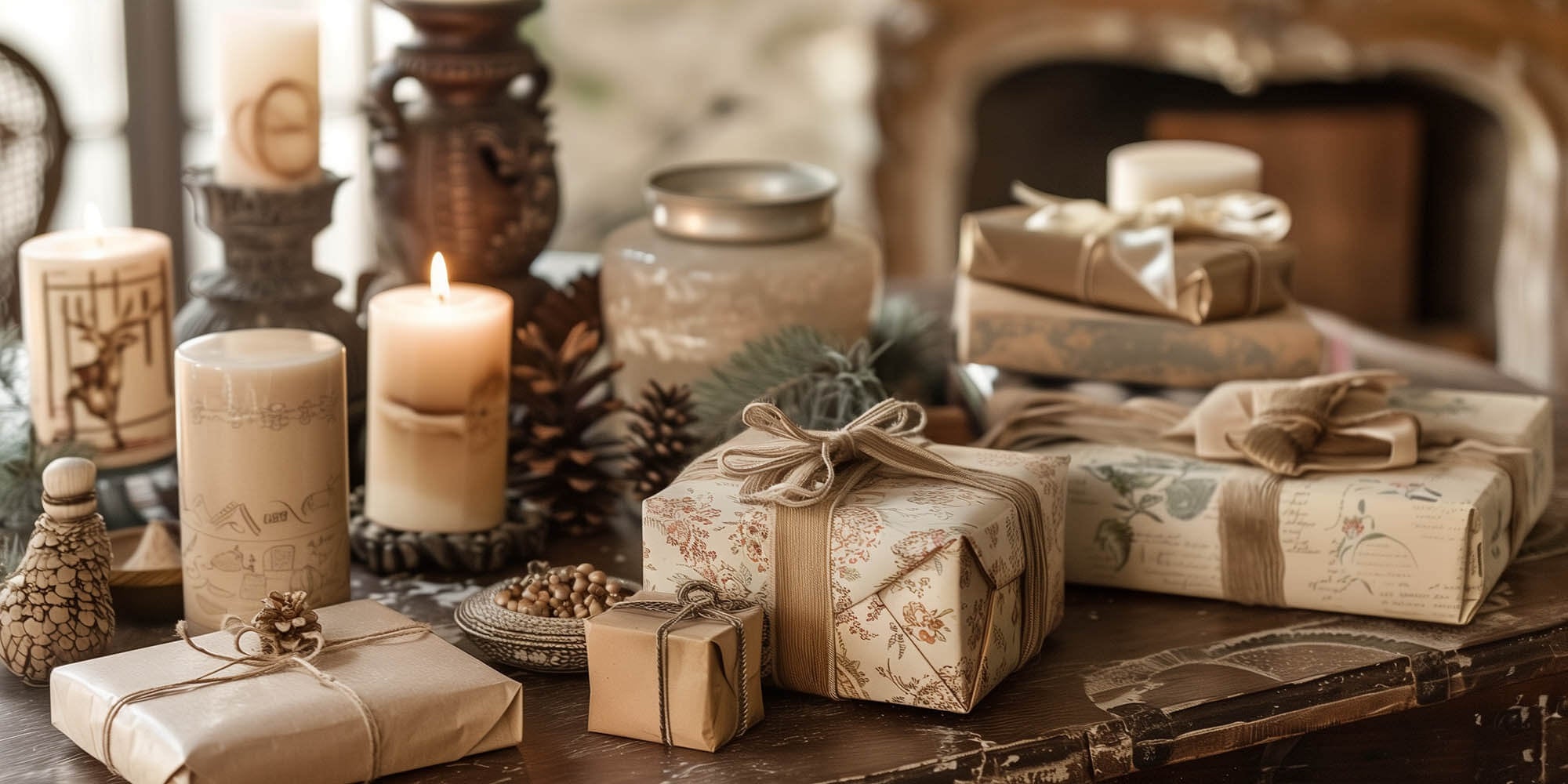 Vintage-inspired gifts and candles arranged on a rustic table, perfect for a cozy home décor.