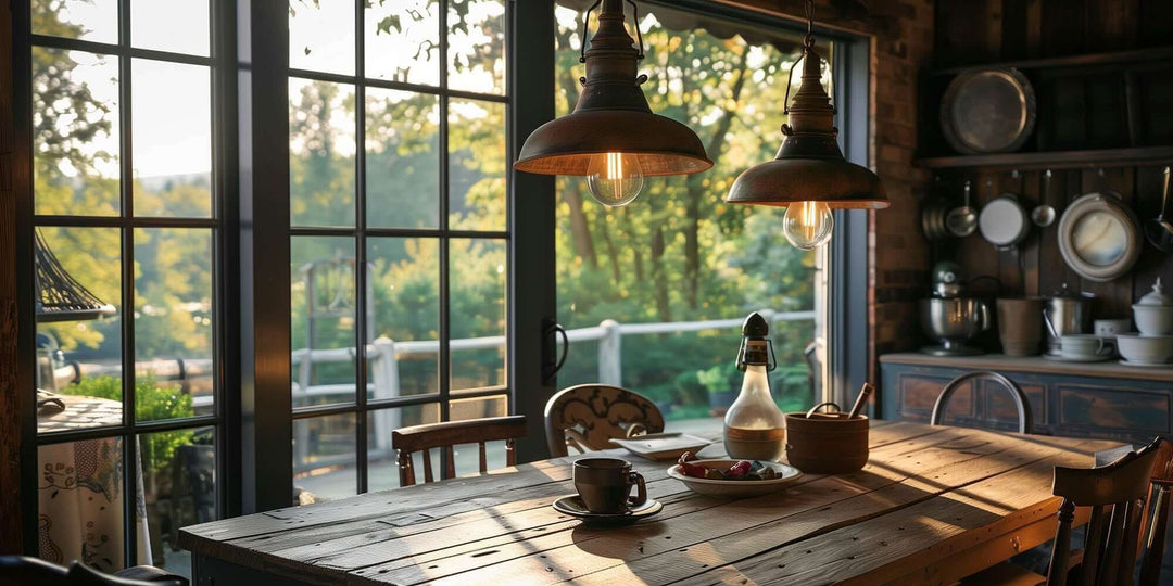 Cozy dining area featuring vintage pendant lights illuminating a rustic wooden table with a scenic view through large windows.