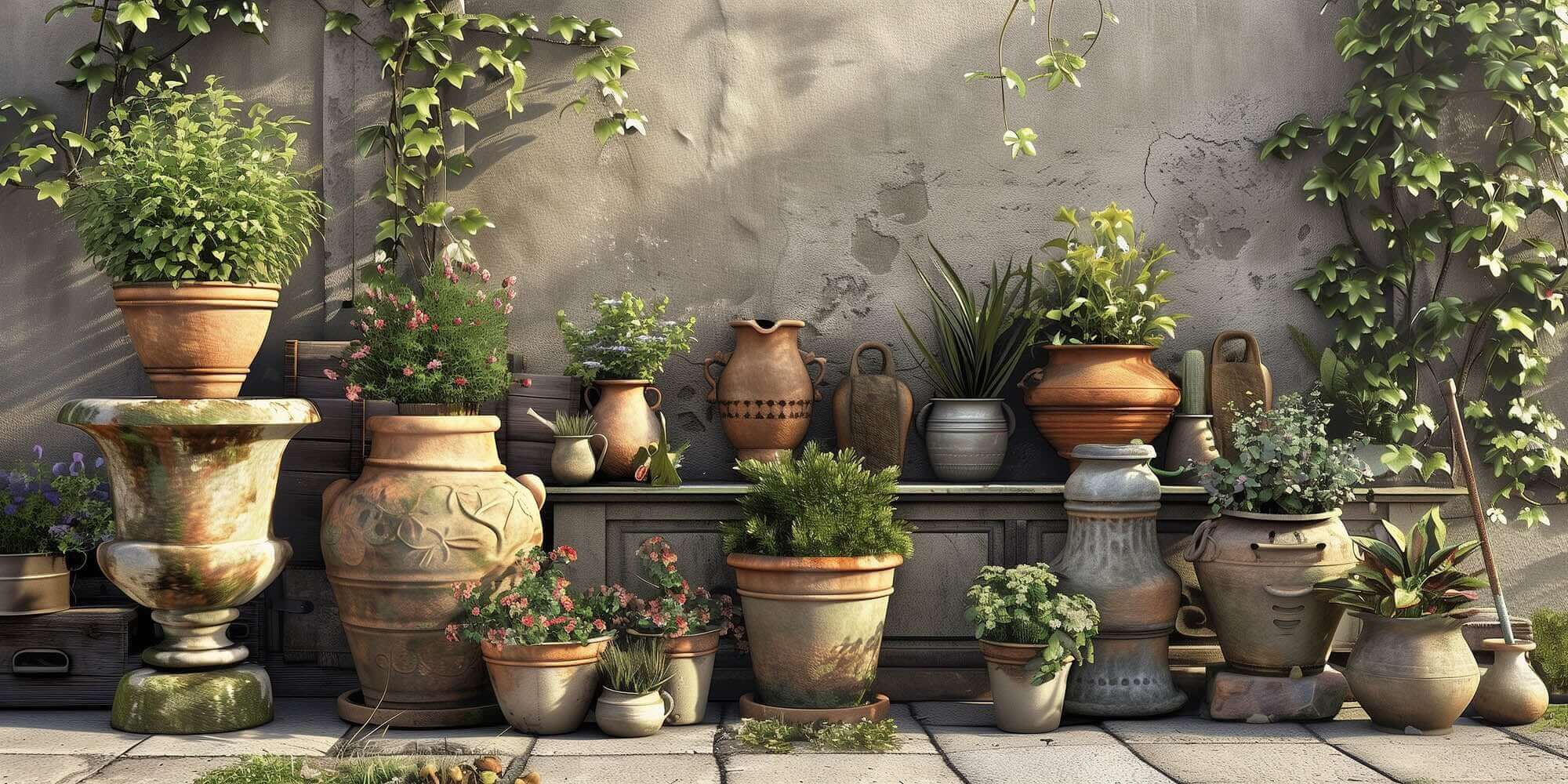 Vintage-inspired pots and planters displayed in a charming outdoor setting, featuring various designs and greenery.