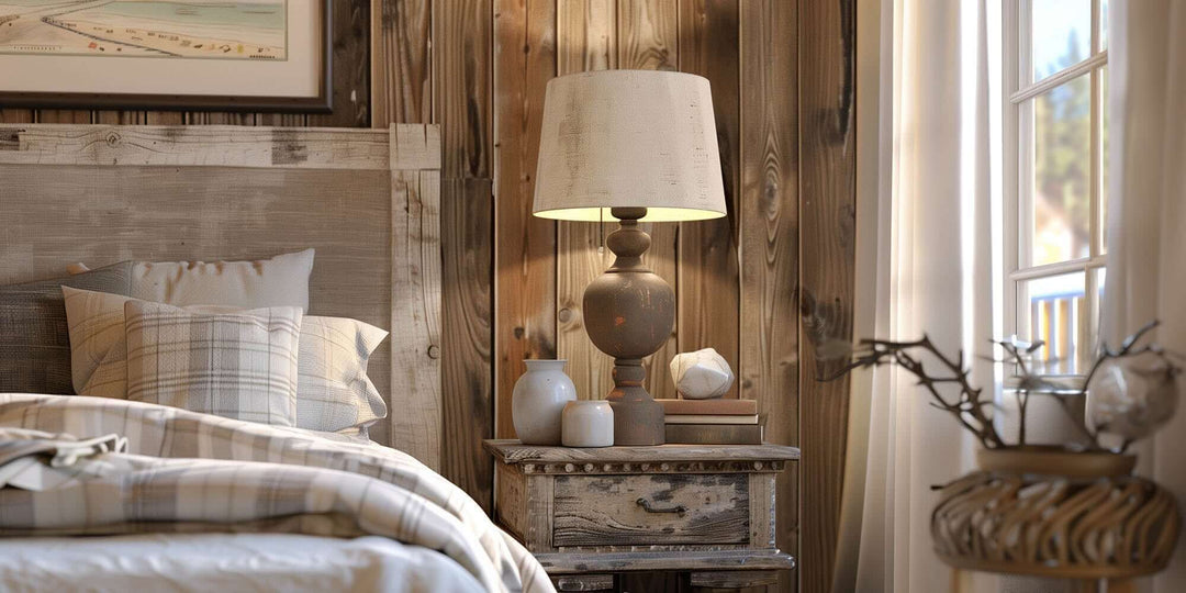 Vintage table lamp on rustic nightstand in a cozy bedroom setting with wooden walls and soft bedding.