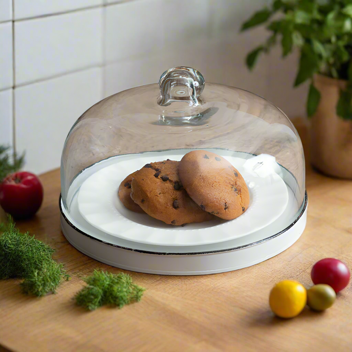 Vintage Inspired Glass Dessert Cloche with White Metal Tray-Kitchenware-Vintage Shopper