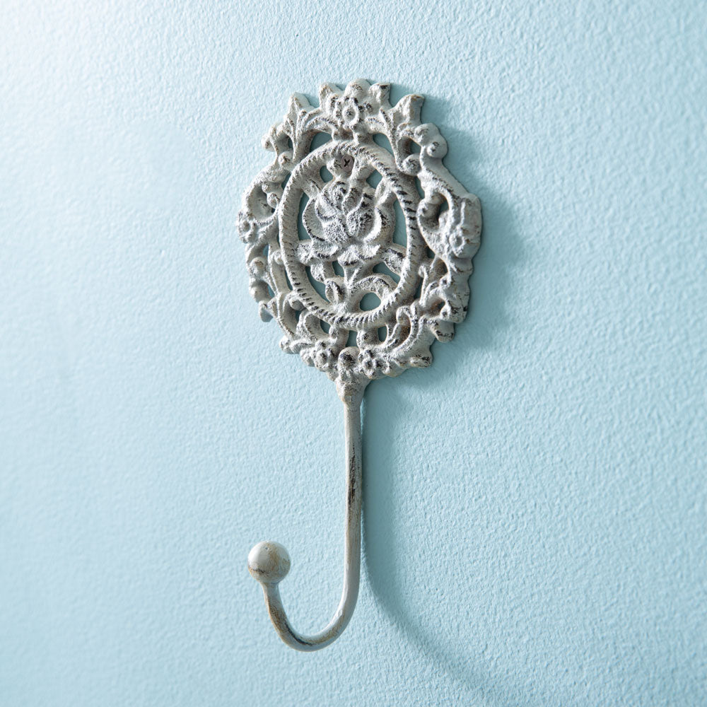 French Country Rose Wall Hook in White Cast Iron (Set of 2)-Wall Decor-Vintage Shopper