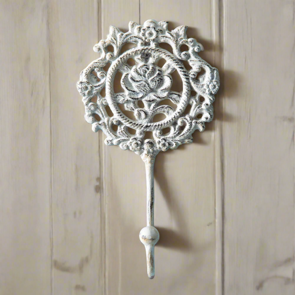 French Country Rose Wall Hook in White Cast Iron (Set of 2)-Wall Decor-Vintage Shopper