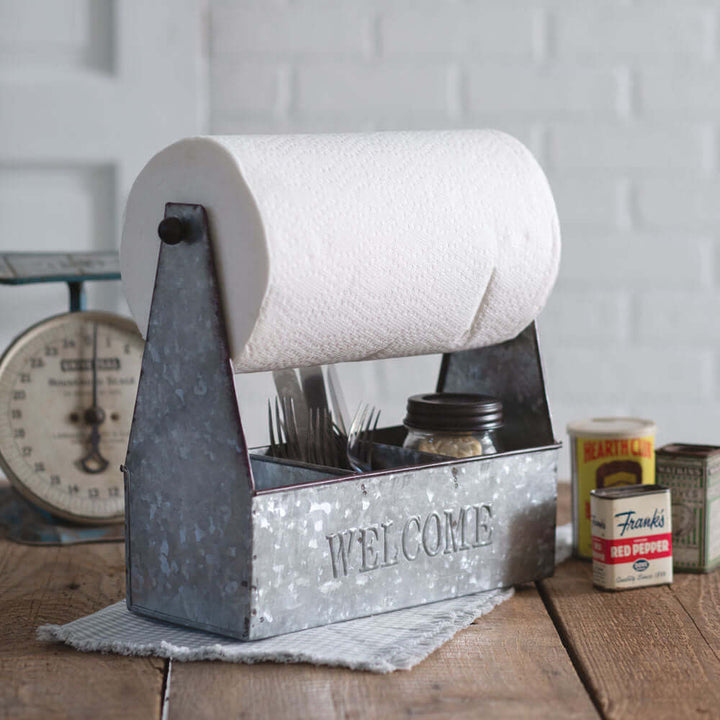 Farmhouse kitchen caddy and paper towel holder with rustic metal finish, featuring utensils and paper towels.