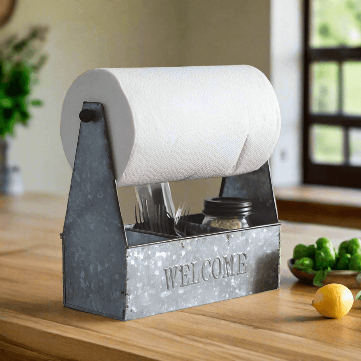 Farmhouse kitchen caddy with paper towel holder, featuring galvanized metal and a 'WELCOME' design, perfect for rustic decor.