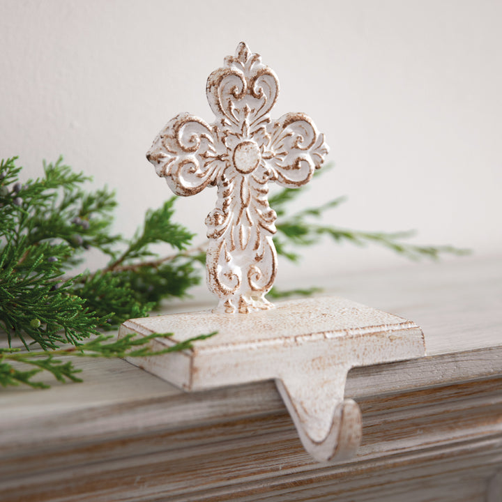 Cross Christmas Stocking Holder in Whitewashed Cast Iron-Home Decor-Vintage Shopper