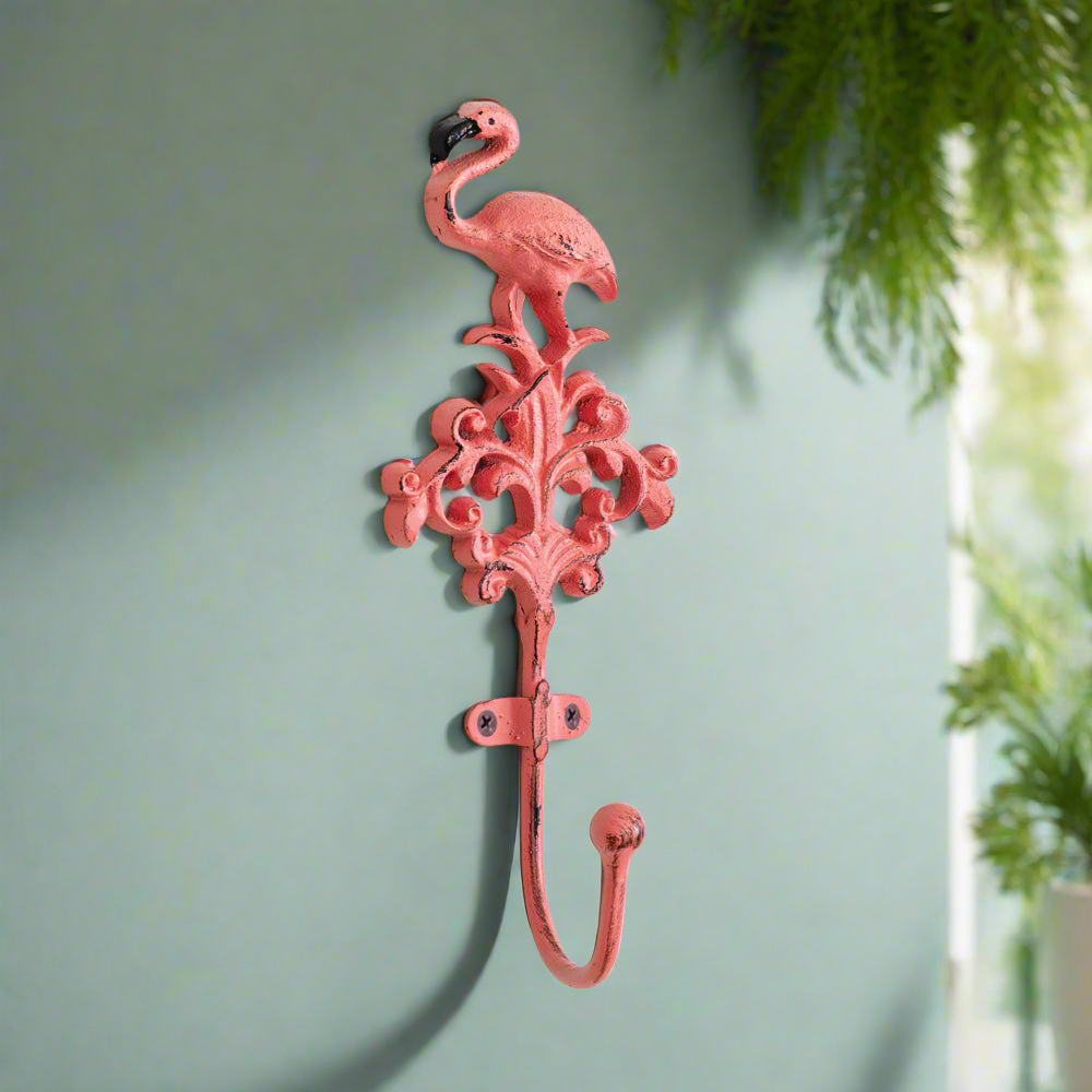 Flamingo Wall Hooks in Pink Cast Iron (Set of 4)-Wall Decor-Vintage Shopper