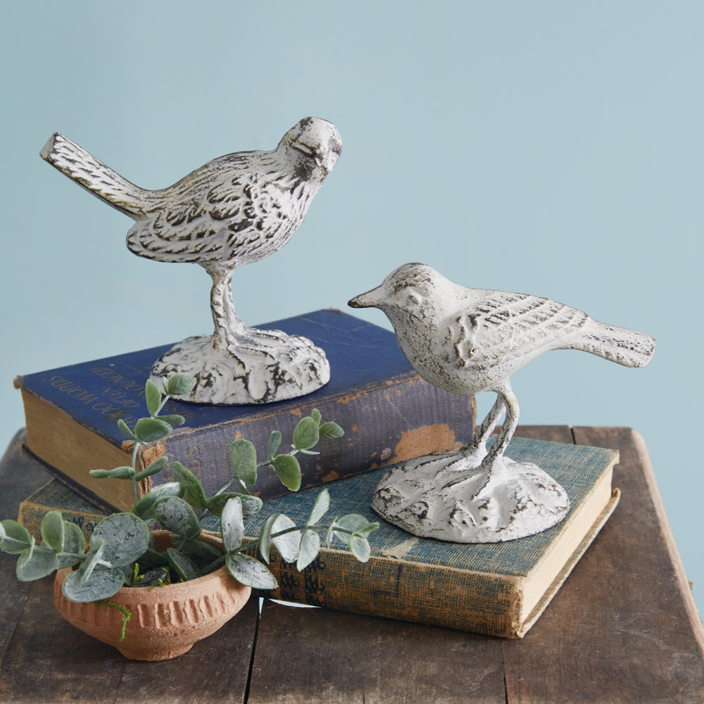 Rustic Farmhouse Bird Figurines in Whitewashed Cast Iron (Set of 2)-Home Decor-Vintage Shopper