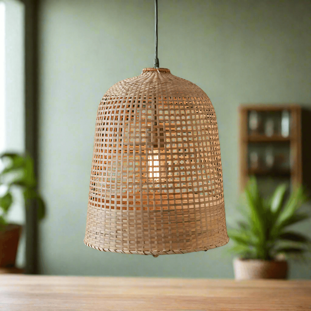 Bohemian handwoven grass pendant lamp hanging in a cozy interior, showcasing its airy design and natural texture.