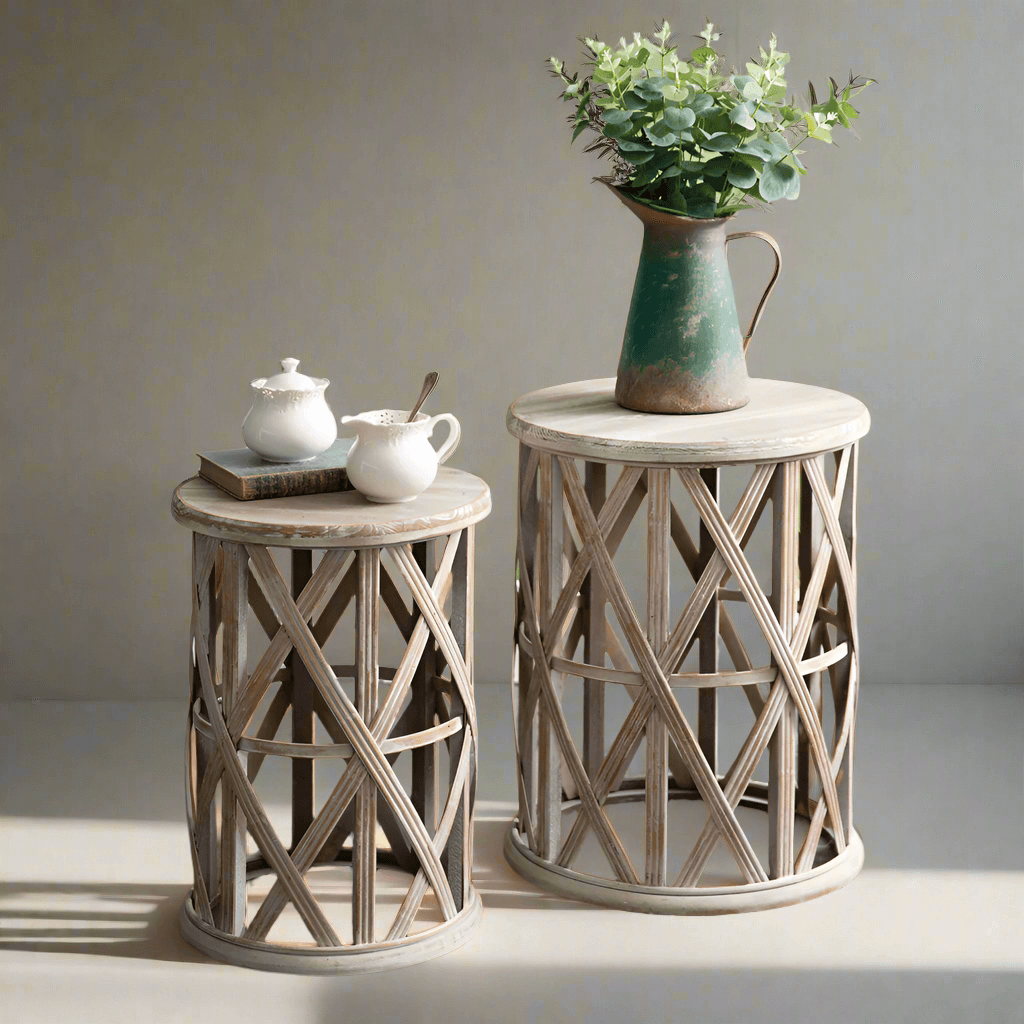 Boho basket weave accent tables set of 2 with rustic design, featuring crisscross patterns and styled with plants and teapot.