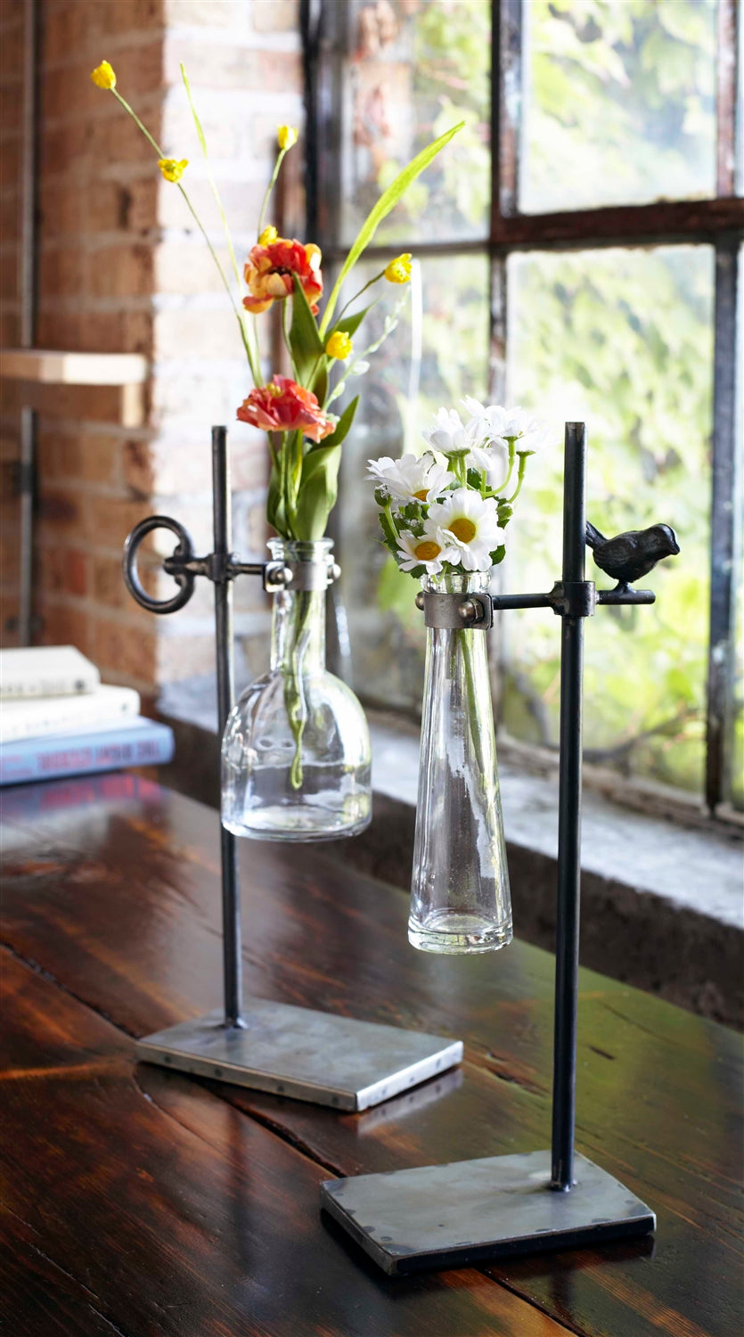 Hanging Glass Vases with Rustic Metal Stands (Set of 2)-vase-Vintage Shopper