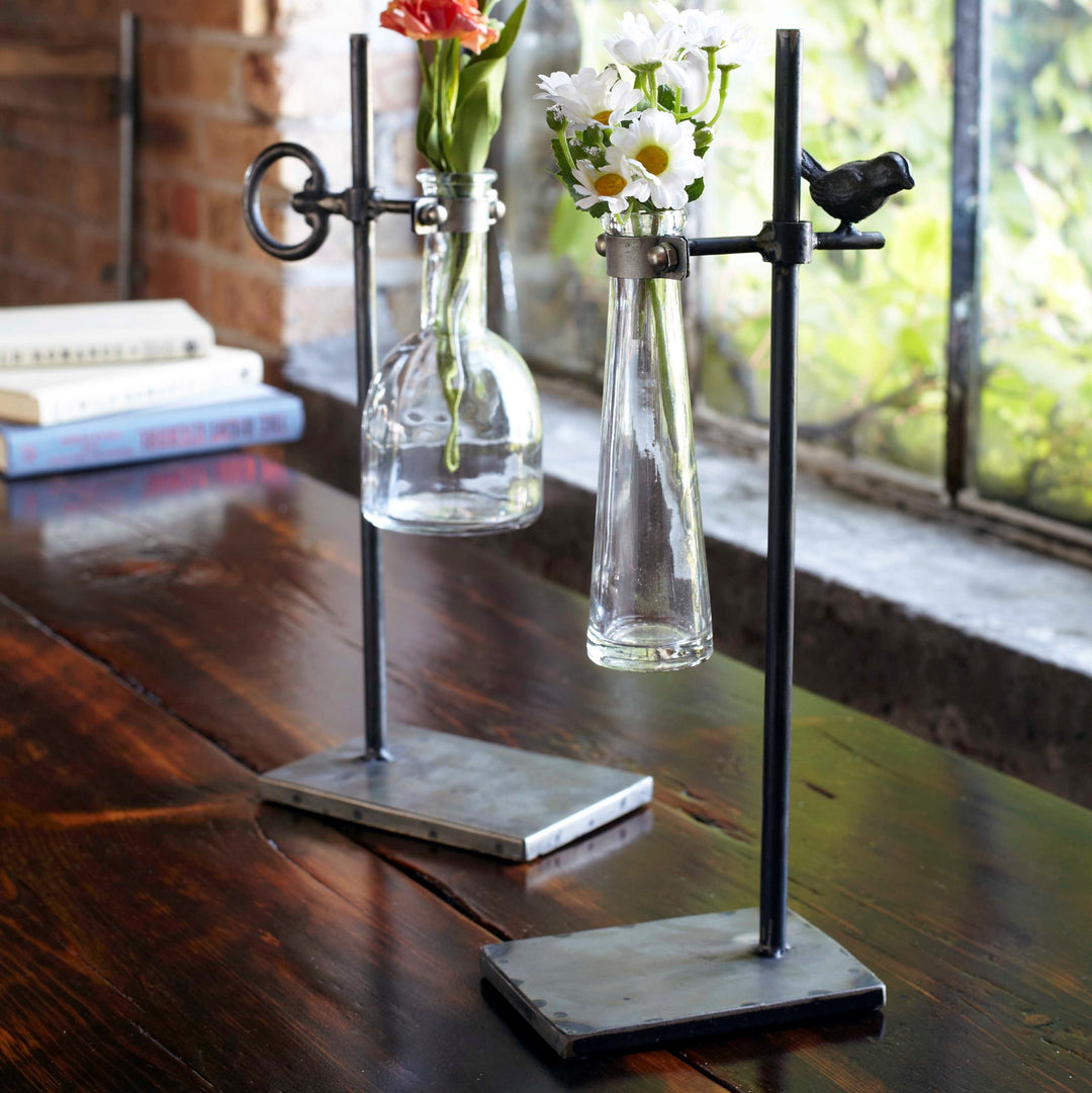 Hanging Glass Vases with Rustic Metal Stands (Set of 2)-vase-Vintage Shopper