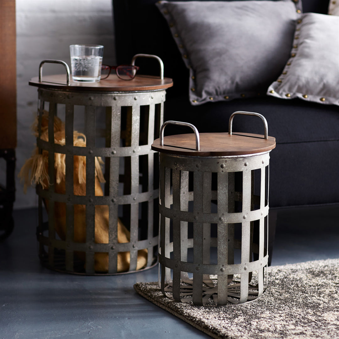 Rustic Basket Accent Storage Tables with removable lids (Set of 2)-Furniture-Vintage Shopper