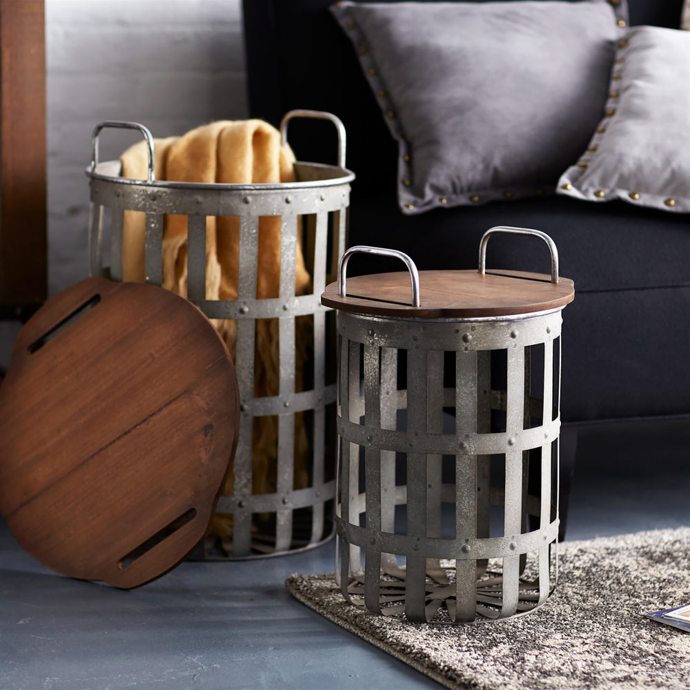 Rustic Basket Accent Storage Tables with removable lids (Set of 2)-Furniture-Vintage Shopper