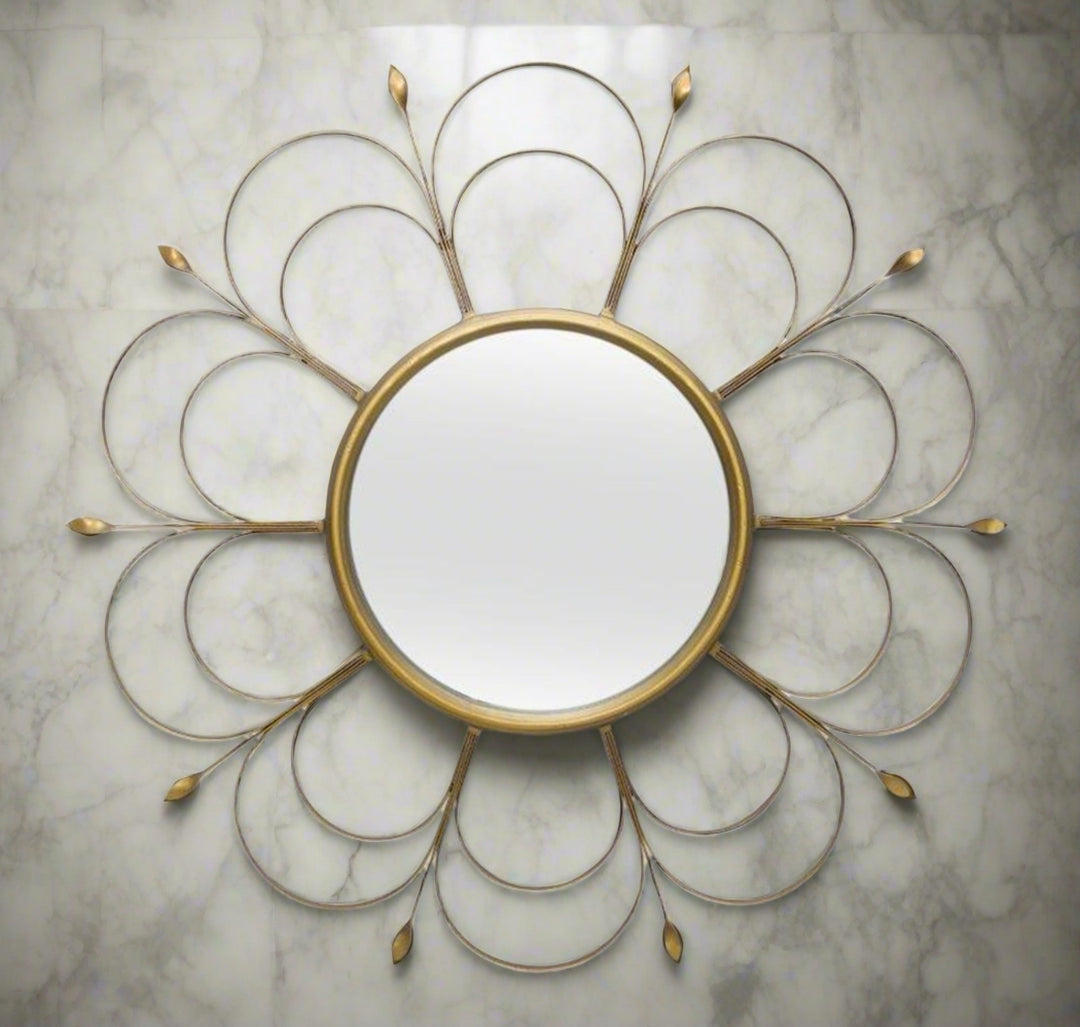 Art Deco Round Flower Wall Mirror in Gold Iron-Mirror-Vintage Shopper