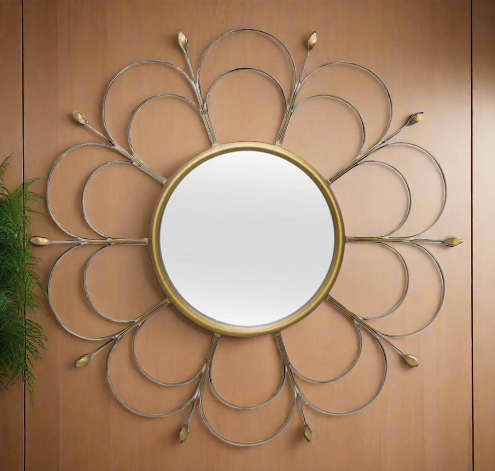 Art Deco Round Flower Wall Mirror in Gold Iron-Mirror-Vintage Shopper
