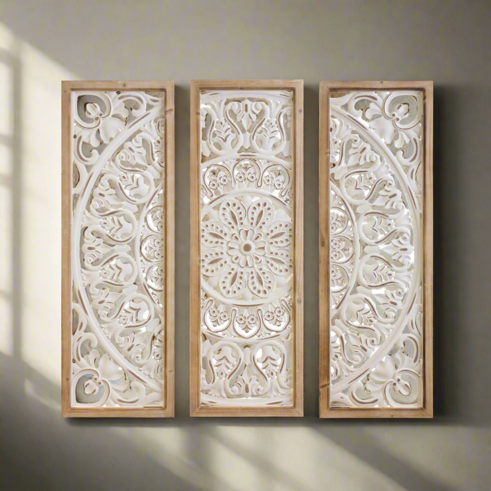 Ornate Wall Art Triptych in Metal and Wood (Set of 3)-Wall Decor-Vintage Shopper