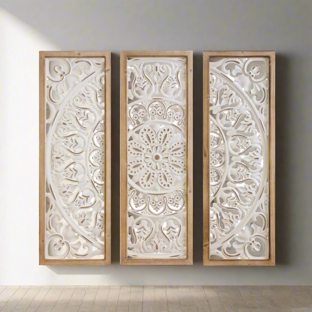 Ornate Wall Art Triptych in Metal and Wood (Set of 3)-Wall Decor-Vintage Shopper