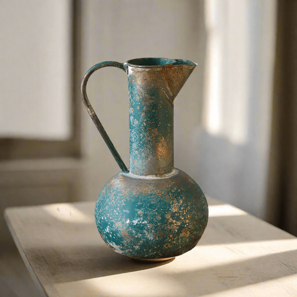 Antique oxidized metal pitcher with verdigris patina, showcasing vintage charm on a wooden table.