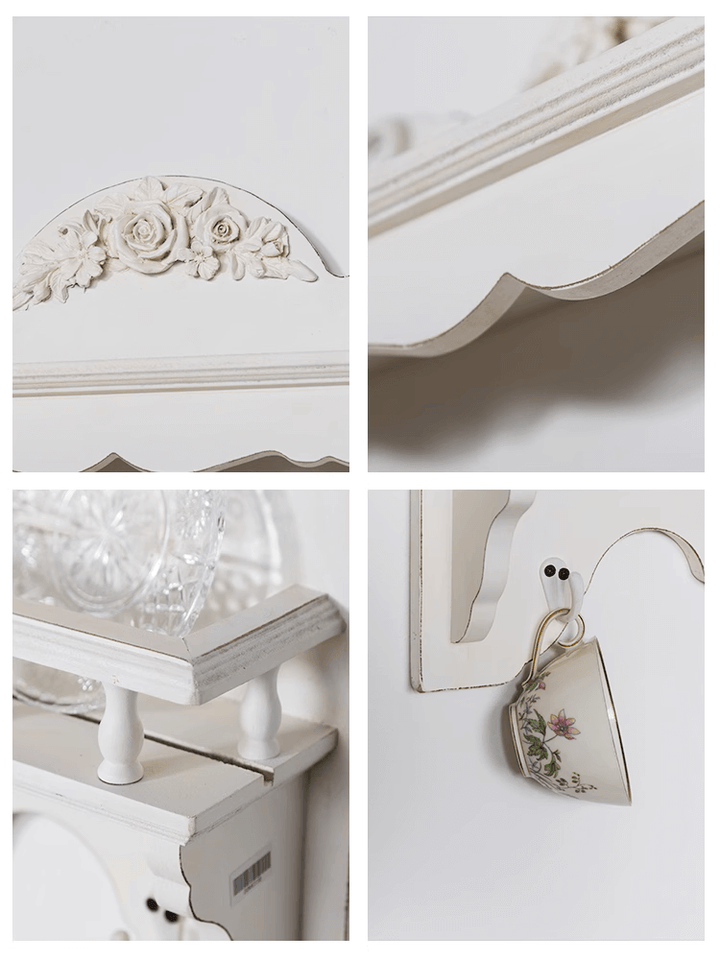 Close-up details of a white French Country wall-mounted dish rack showcasing intricate carvings and elegant design.