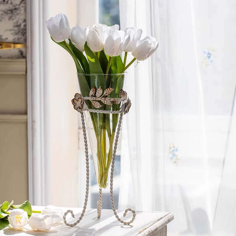 Glass Vase with Antique Floral Metal Stand