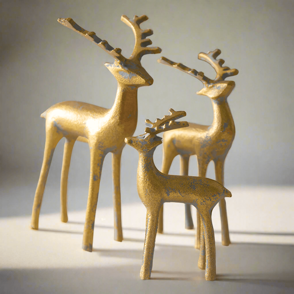 Elegant gold reindeer figurines set of 3, featuring intricate details, perfect for holiday decor and seasonal displays.