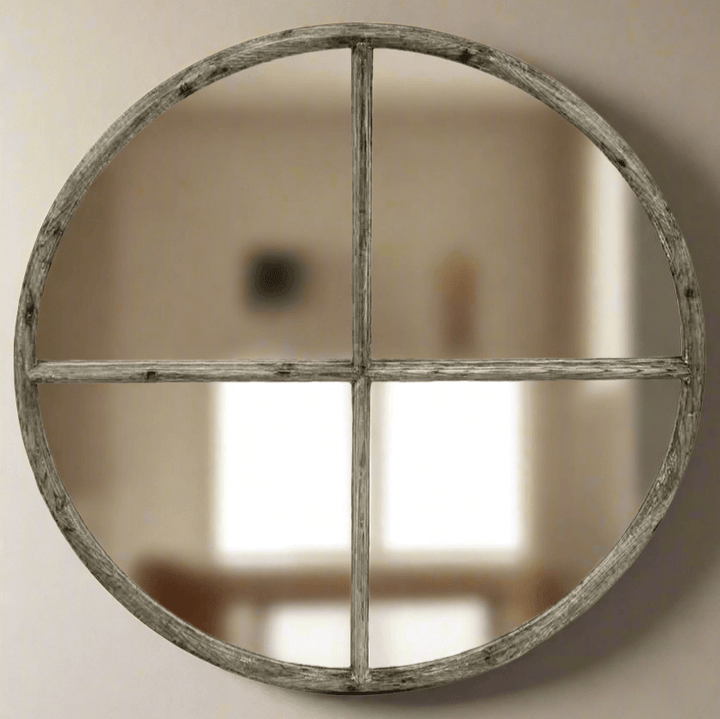 Large round wood wall mirror with distressed frame, featuring classic windowpane design, perfect for rustic or coastal decor.