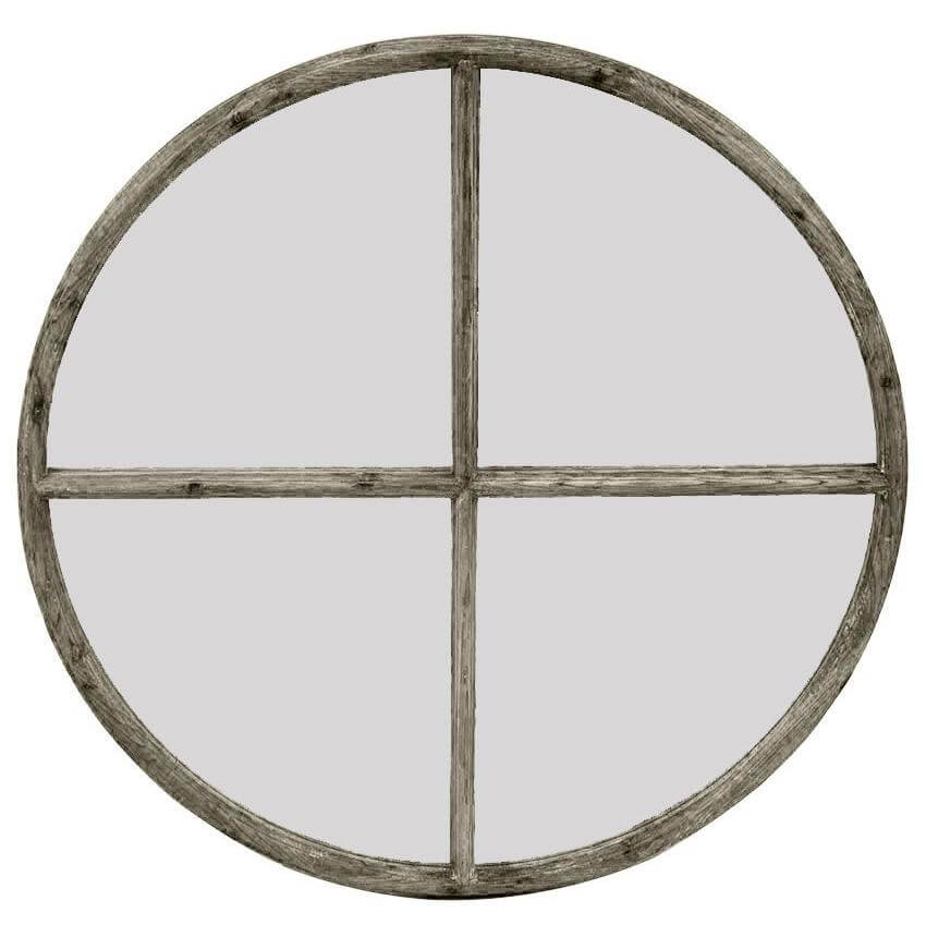 Large round wood wall mirror with distressed frame, perfect for farmhouse or coastal decor.