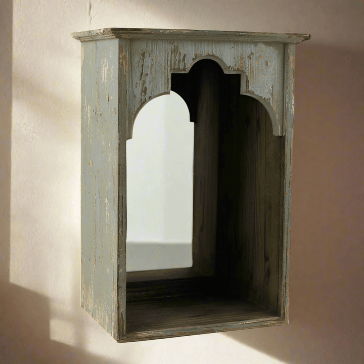 Rustic arched wall niche with mirror, distressed wood design, vintage style, home décor accent piece.