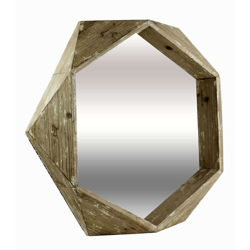 Rustic hexagonal wood wall mirror with distressed wooden frame, perfect for farmhouse or modern interiors.