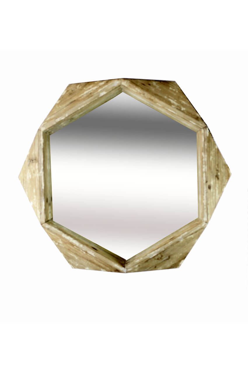 Rustic hexagonal wood wall mirror with a distressed wooden frame, ideal for farmhouse or modern decor.