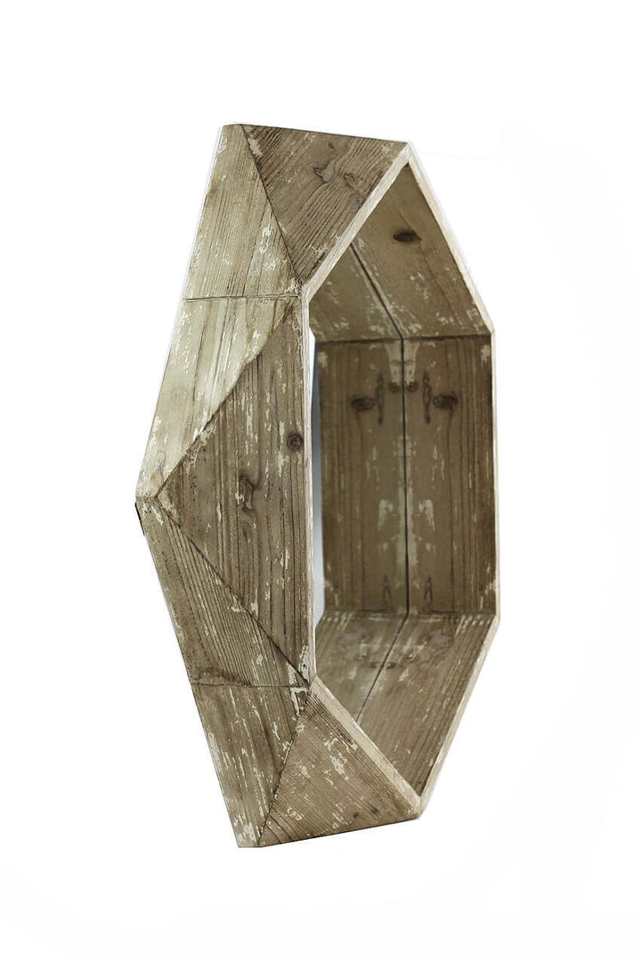 Rustic hexagonal wooden wall mirror with distressed finish, ideal for farmhouse and modern decor styles.