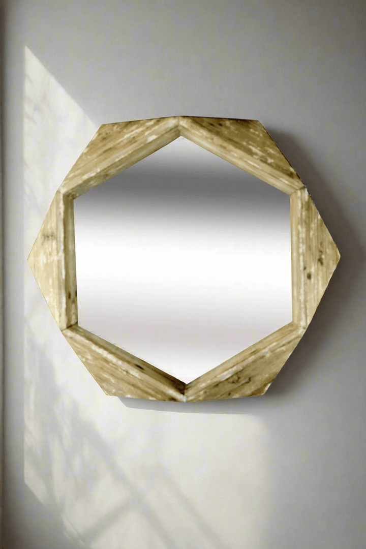 Rustic hexagonal wood wall mirror with a distressed frame, adding charm to modern and farmhouse interiors.