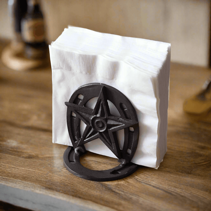 Rustic Western Star Napkin Holder in cast iron, featuring a star and horseshoe design, perfect for farmhouse décor.