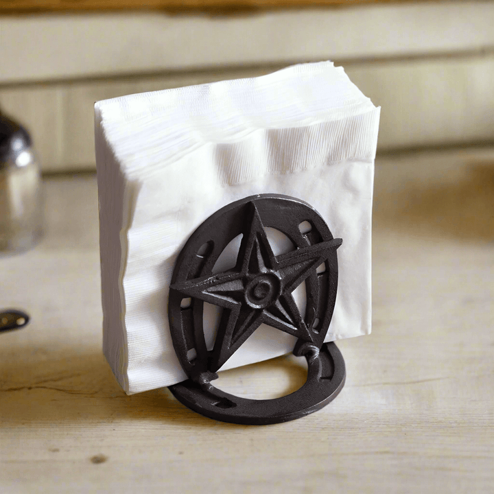 Rustic Western Star Napkin Holder featuring a cast iron design with a star and horseshoe, ideal for country-themed décor.