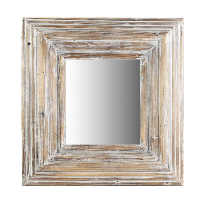 Rustic whitewashed square wood mirror with distressed frame, enhancing home charm and natural texture.