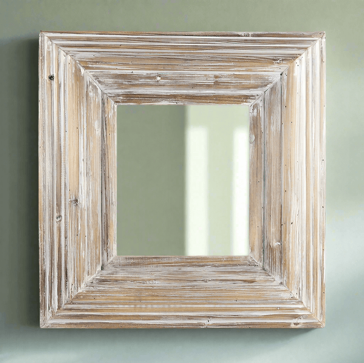 Rustic whitewashed square wood mirror with a textured frame, perfect for adding charm to any room.