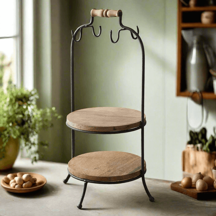 Two-tier wooden serving stand with hooks, showcasing rustic design and functionality for kitchen or dining spaces.