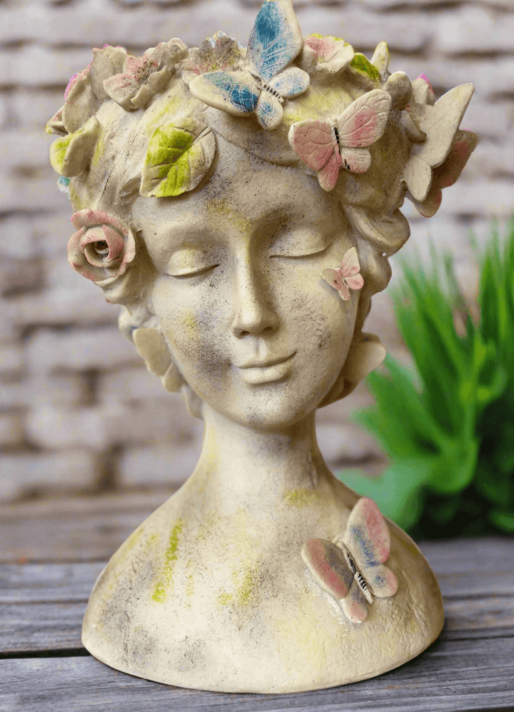 Whimsical Butterfly Goddess Planter, resin bust with butterflies and flowers, perfect for succulents and greenery.