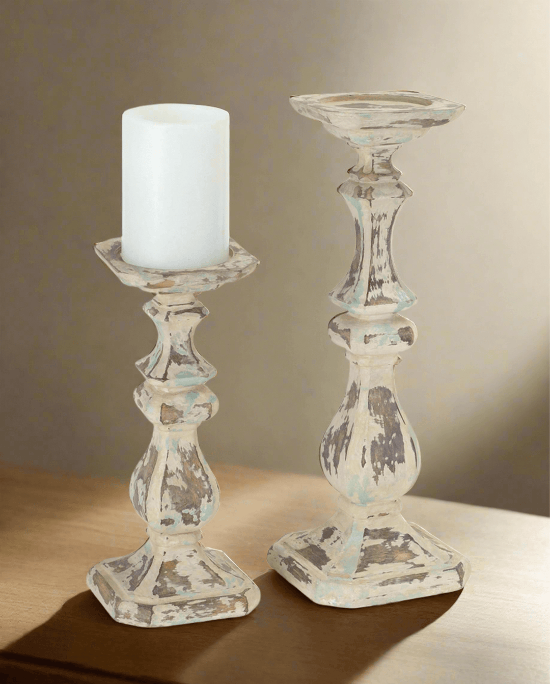 Antique Candle Holders in Weathered Stone (Set of 2)