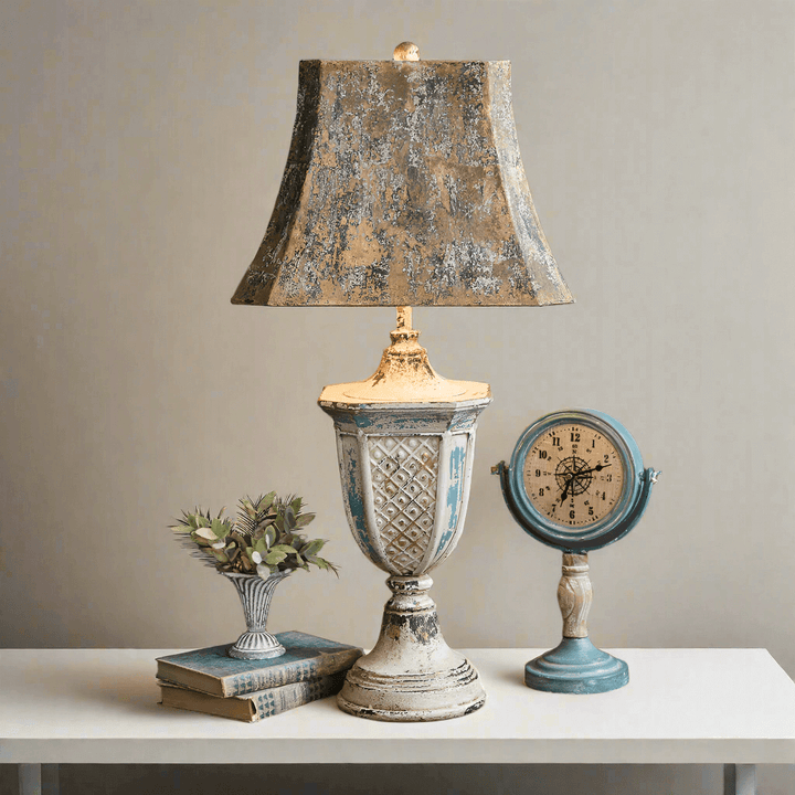 Antique French Table Lamp with Rustic Metal Shade