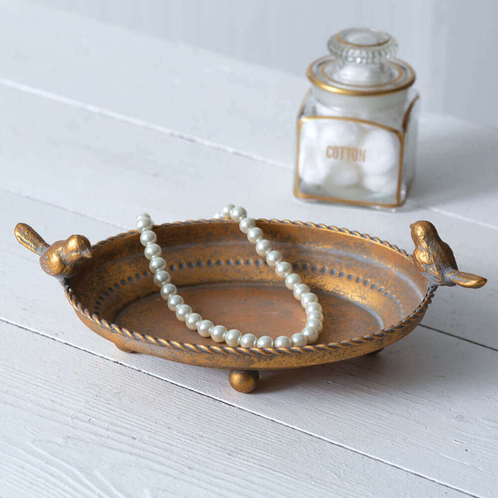 Antique Gold Trinket Dish with Birds