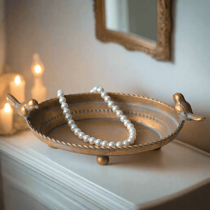 Antique Gold Trinket Dish with Birds